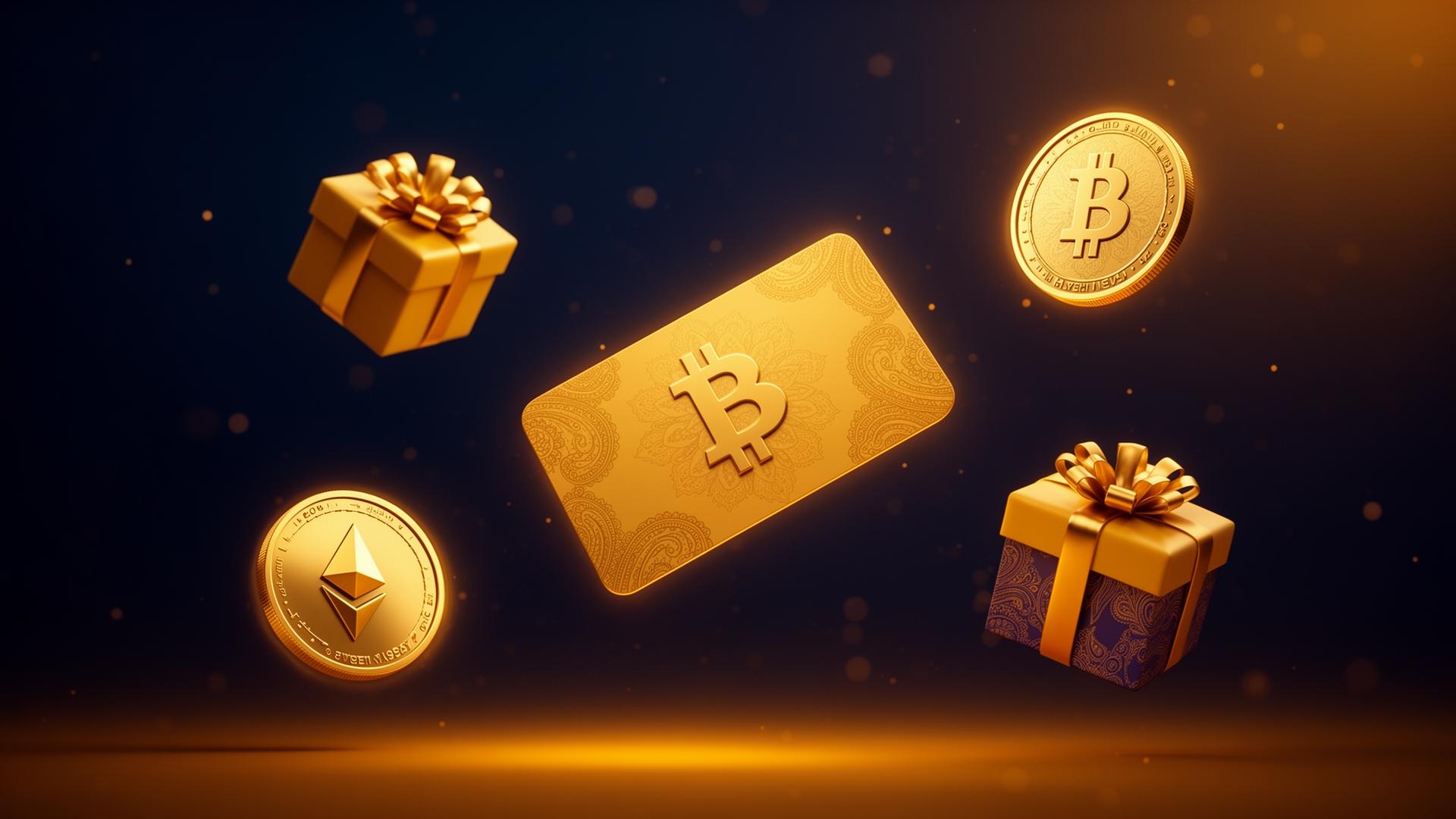 Floating Indian crypto gift cards with Bitcoin and Ethereum coins